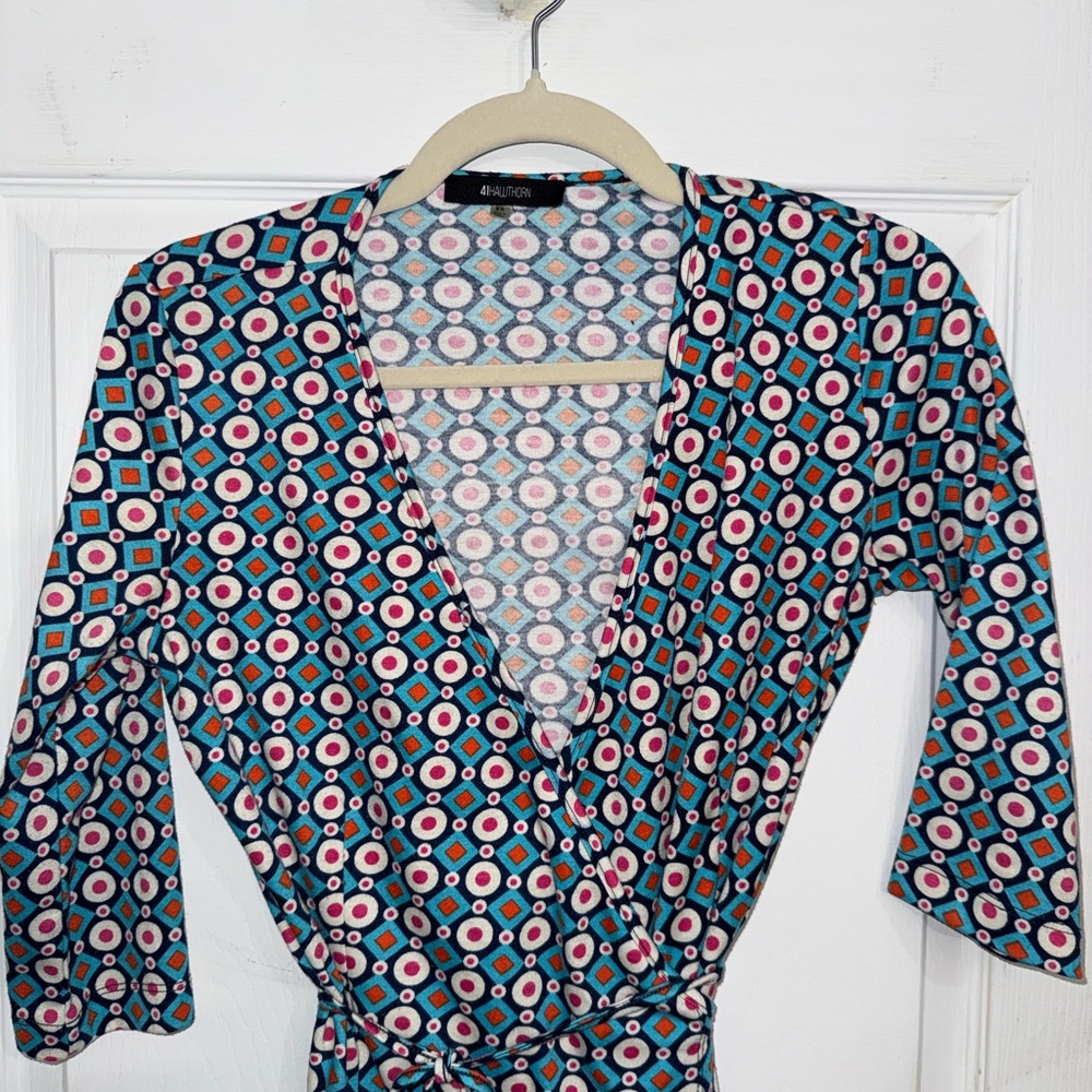 41 Hawthorn Geometric Wrap Dress in Teal, Navy & Pink XS